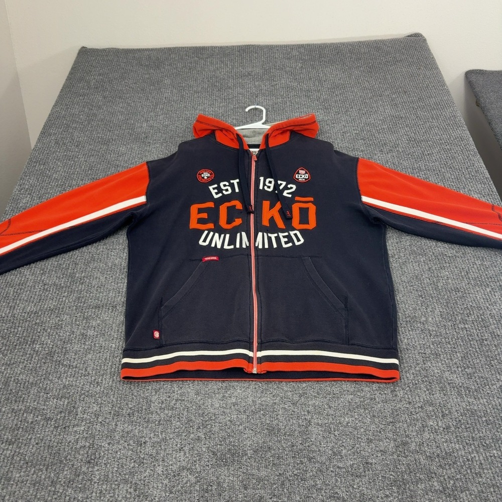 Ecko Unltd Zip Up Hoodie Mens M Navy Cotton Graphic Full Zip Streetwear Style
